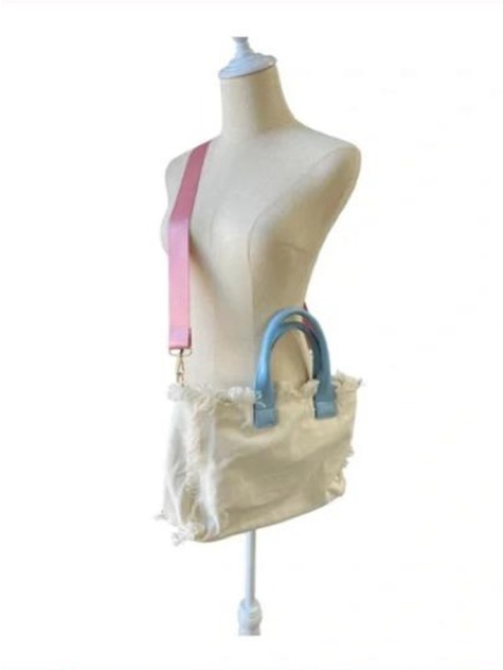 Ah Dorned Fringe White Canvas Top handle Tote Crossbody guitar strap Bag NWOT